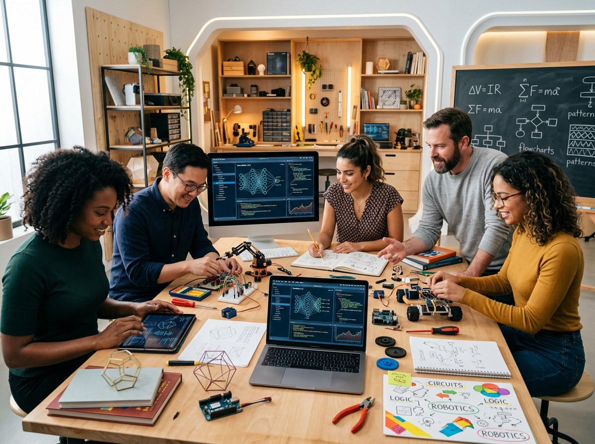 Mesa de trabajo con tecnología, diseño, ciencia y materiales educativos del enfoque STEAM