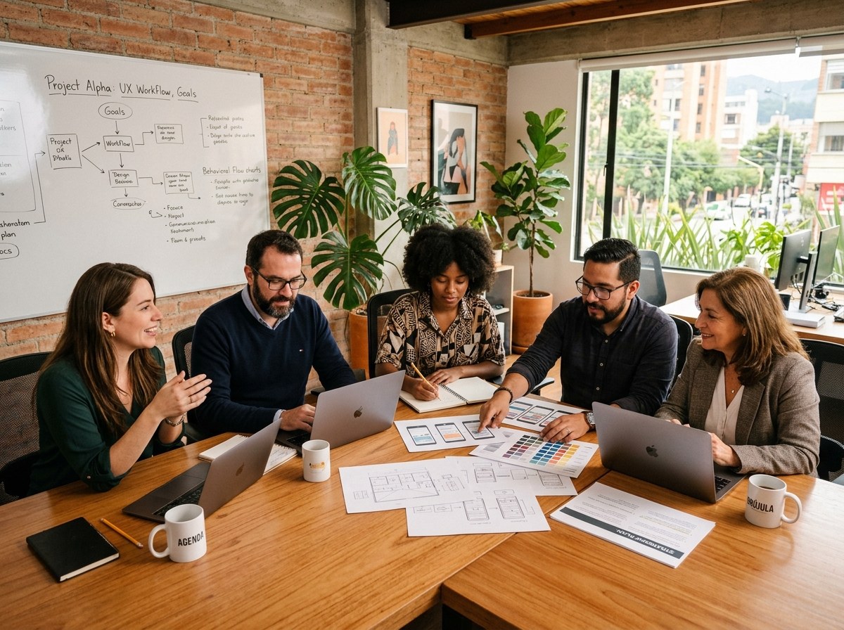 Equipo interdisciplinario colaborando en estrategia, tecnología, diseño y educación