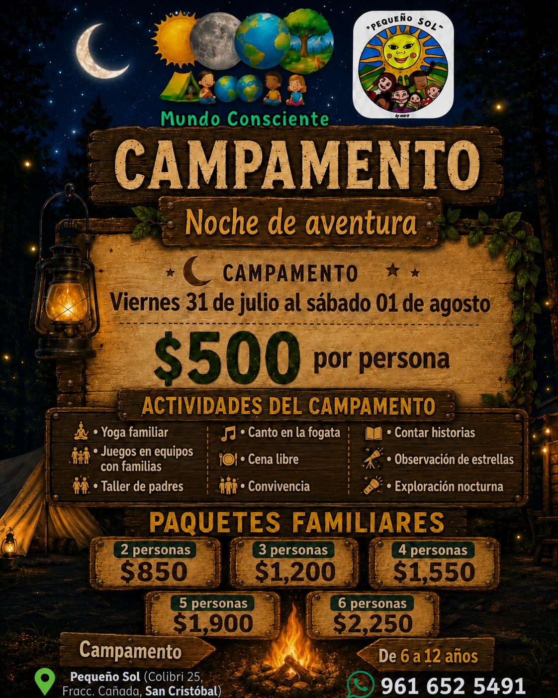 Flyer de precios de campamento Mundo Consciente